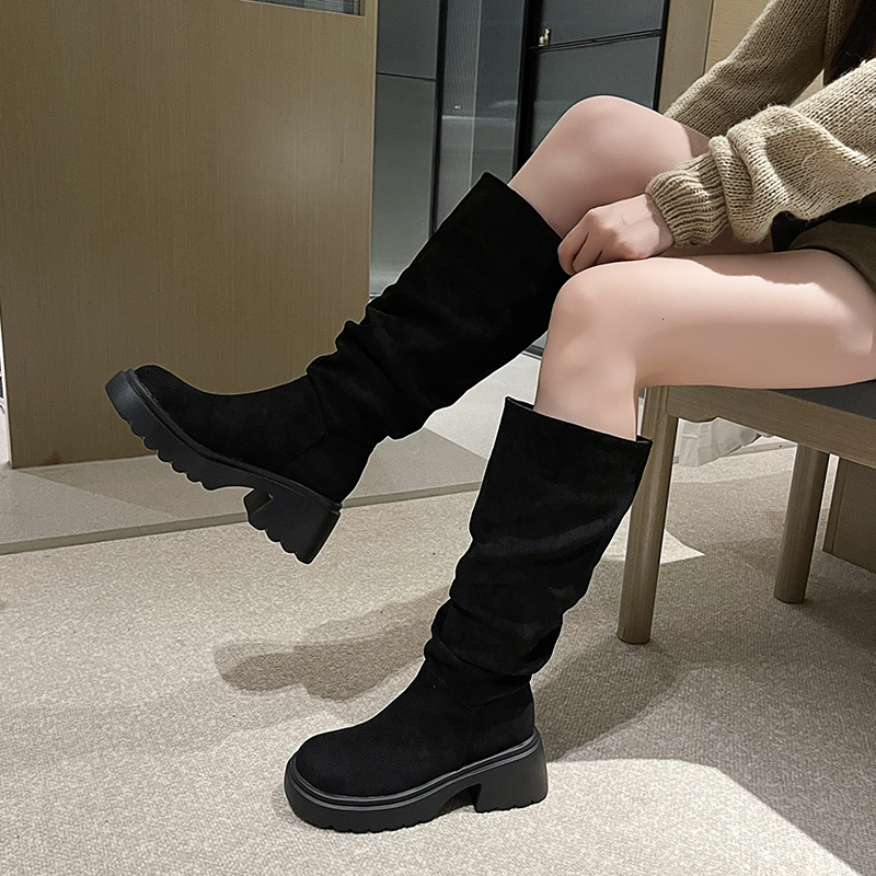 女靴子靴子韩版潮时尚保暖防滑绒面高筒靴圆头粗跟