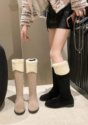 女靴子靴子韩版潮时尚保暖防滑绒面高筒靴圆头粗跟