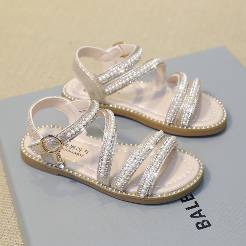 New summer girls' sandals Korean version little girls' pearl peep toe princess shoes performance shoes for small, medium and large children