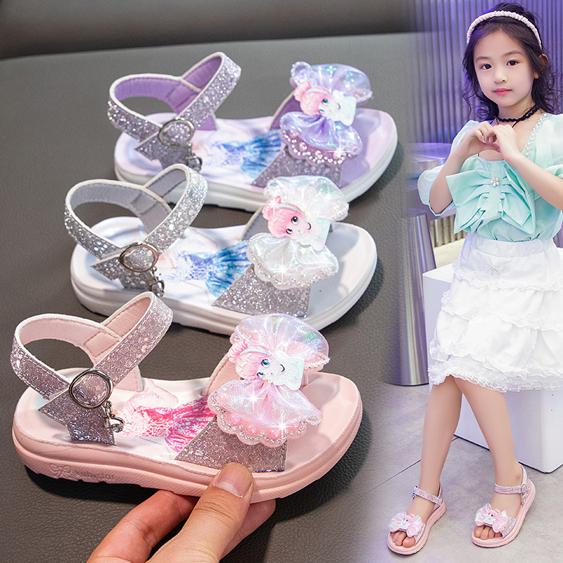 Cô gái Anime Princess Sandals Shiny Bow Mùa hè Mới Soft Sole Crystal Shoes Cô gái Chống trượt Trẻ em Giày bãi biển thời trang Polyurethane Solid Sole