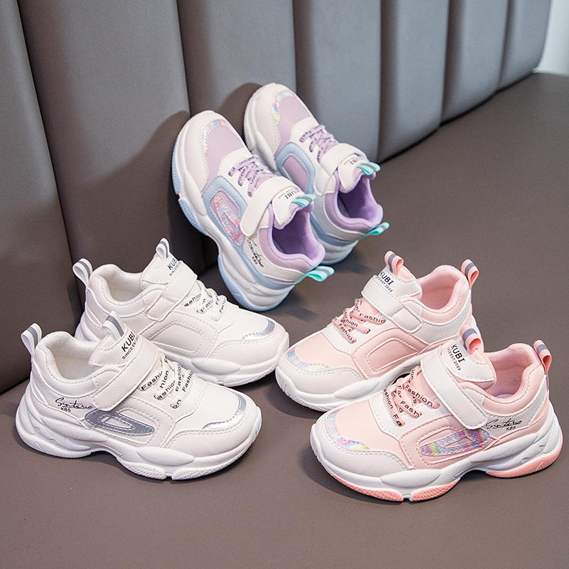Girls' Shoes Spring and Autumn Season New Velcro Boys' Sports Shoes Breathable Middle and Big Children's Little White Shoes Primary School Leather Shoes Running Dad Shoes