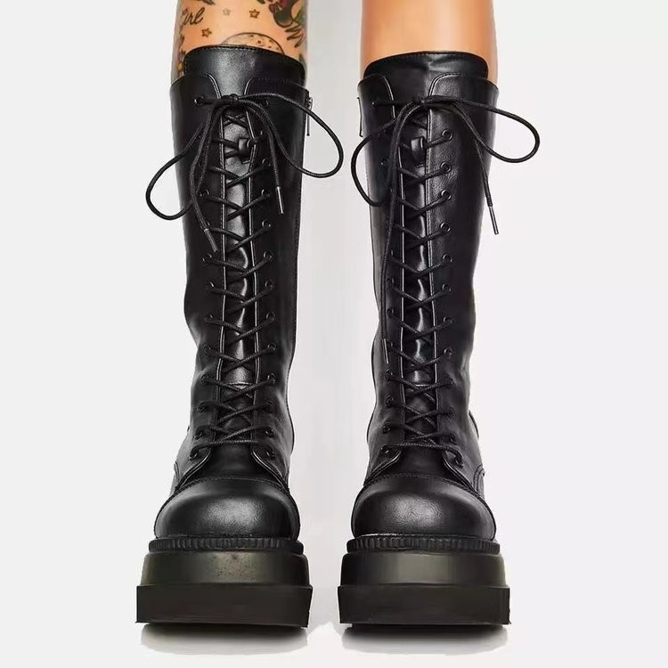 American style cross-border43Code Gothic style thick soled long boots, motorcycle riders boots, knee length, large head, slim and tall boots, women's thick soled muffin sole, front lace up