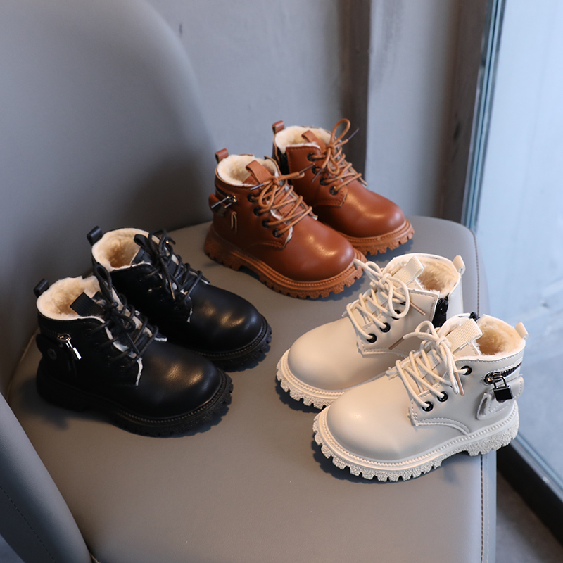 Autumn and Winter Fashion Metal Lock Accessories Children's Cotton Shoes Boys' Warm and Cotton Martin Boots Girls' Side Zipper Vintage Snow Boots Baby Snow Boots Plush and Anti slip Big Cotton Boots Boys' Boots