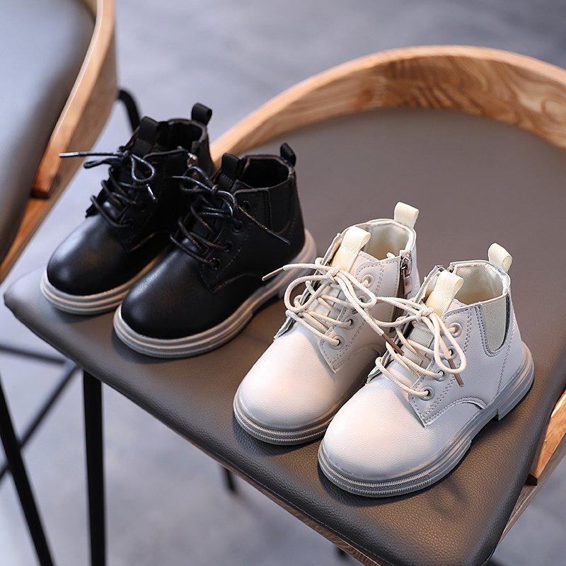 Spring and Autumn Children's Small Leather Shoes British Style Side Zipper Boys' Big Head Leather Shoes Girls' Black and White Solid Soft Sole Single Boots Winter Martin Boots One Piece of Cross border Princess Boots