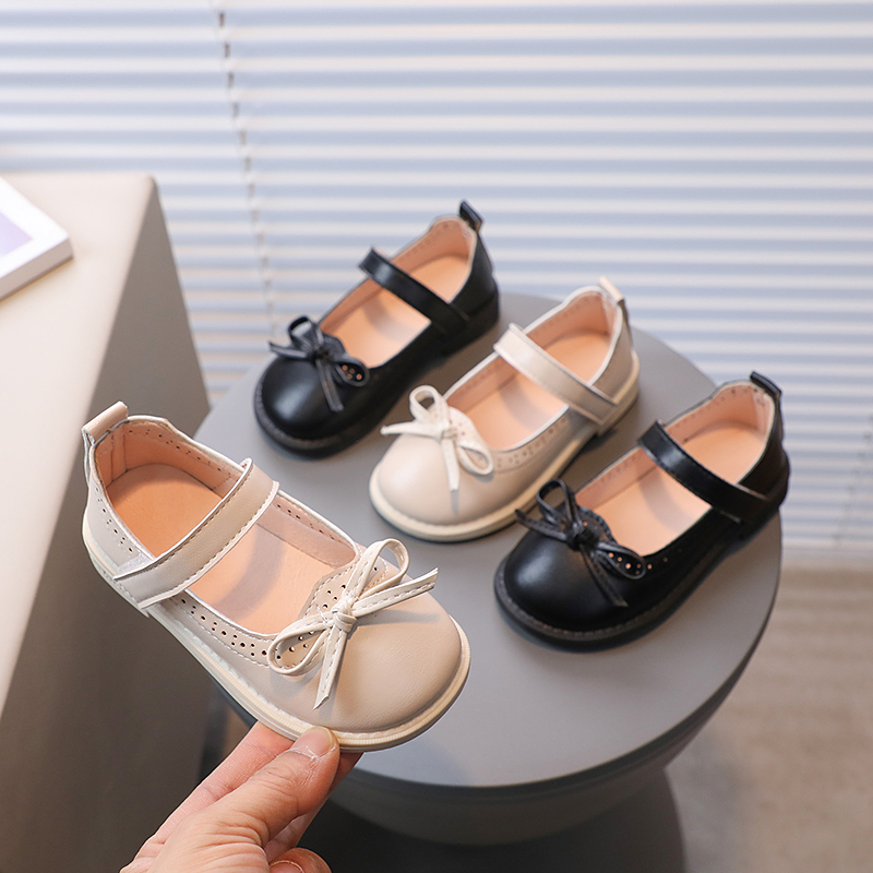 Girls' shoes Princess shoes Square mouth shoes Spring and Autumn New Children's Soft Sole Versatile Single Shoes Little Girls' Early Autumn Fashionable Leather Shoes Bow Boat Shoes