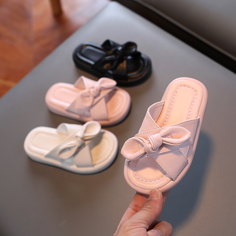New Girls' Solid Color Cute Bowtie Slippers Children's Baby Soft Sole Non slip Home Indoor Slippers Summer Open Toe Slippers Bowtie Beach Princess Sandals Baby Walking Slippers Trend
