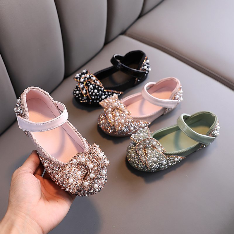 Fille unique chaussures printemps automne nouveau Casual Color Diamond Pearl Bow petit enfant moyen chaussures de danse show shoes