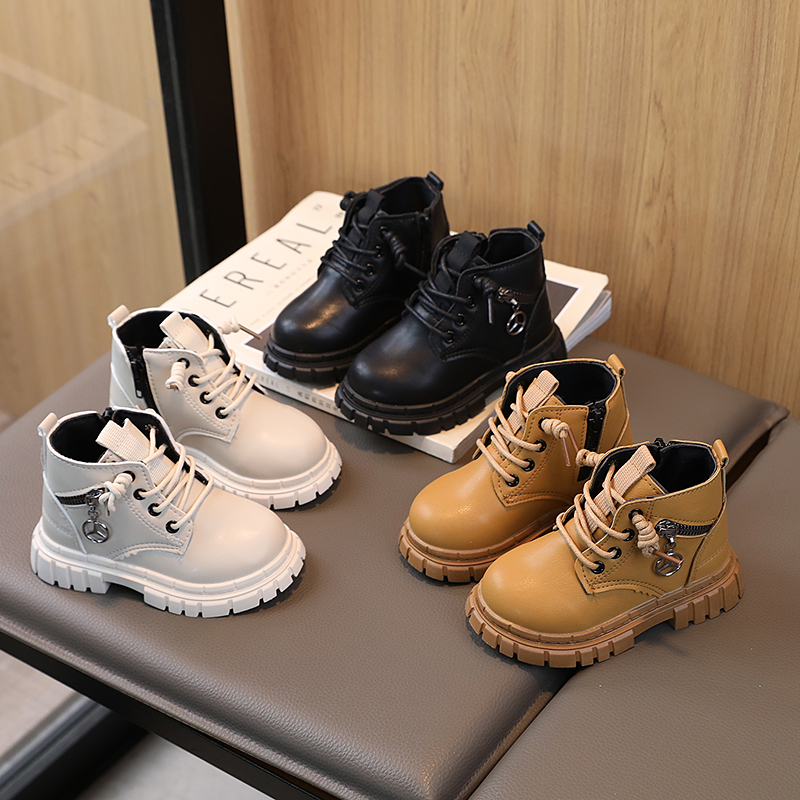 Autumn season children's small leather shoes with lace up British style boys' big toe leather shoes girls' solid color soft soled cotton boots winter Martin boots one-piece dropshipping cross-border year-round supply princess boots