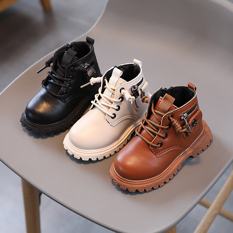 Spring and autumn children's small leather shoes with lace up British style side zipper, boys' big head leather shoes, girls' solid color soft sole single boots, winter Martin boots, one-piece hair collection, cross-border year-round supply of princess boots
